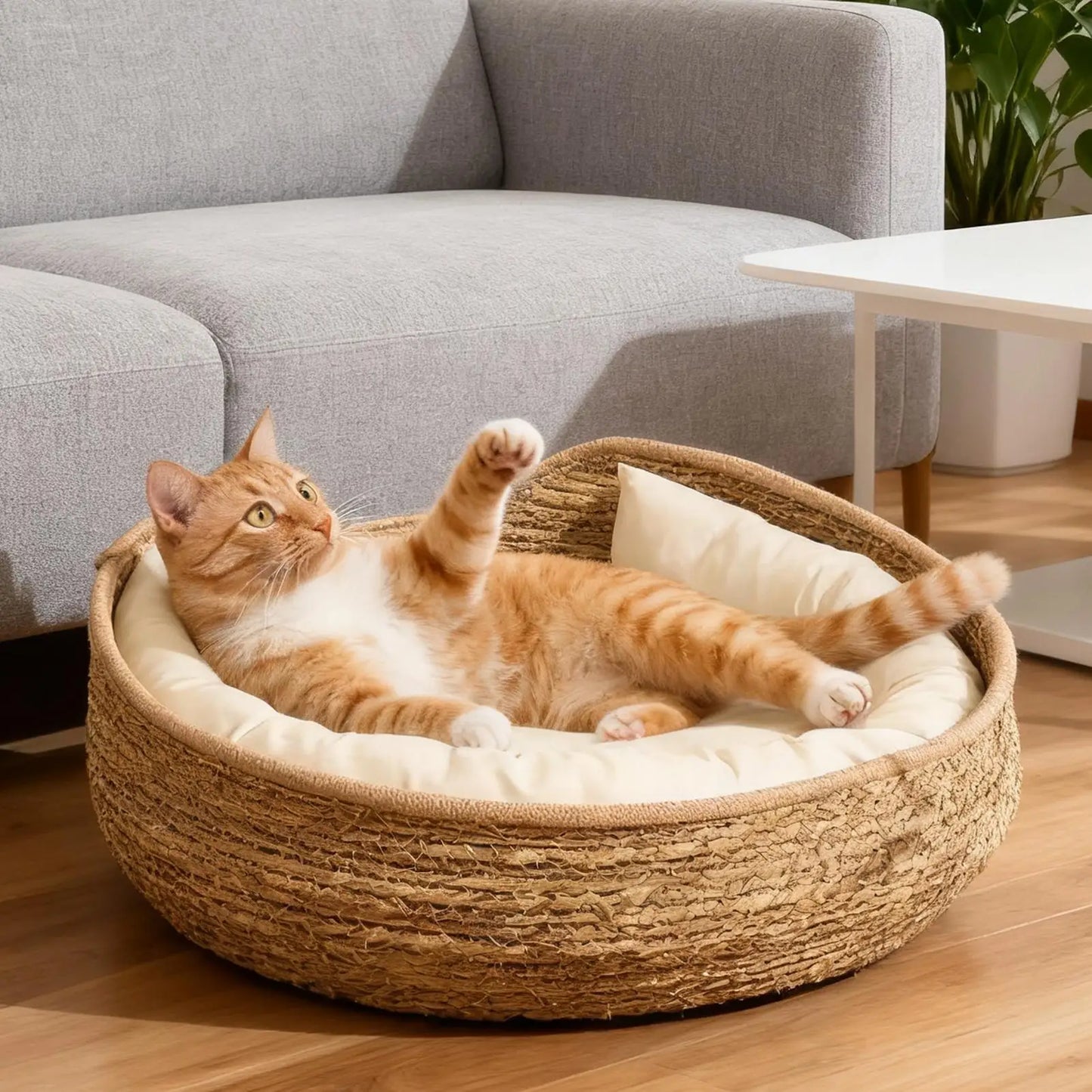 Woven Cat Nest Bed - All-Season with Soft Cushion Pillow