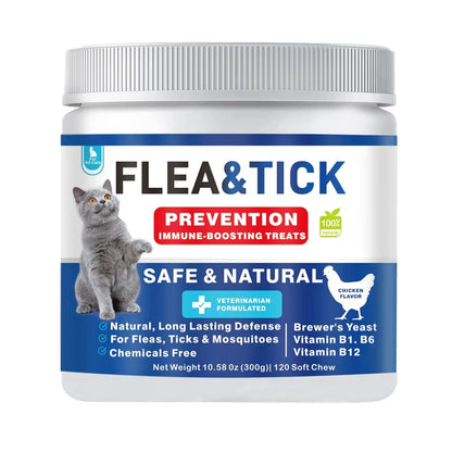 Cat Flea & Tick Control Chewables – 120 Chews with Taurine for Skin & Coat Health