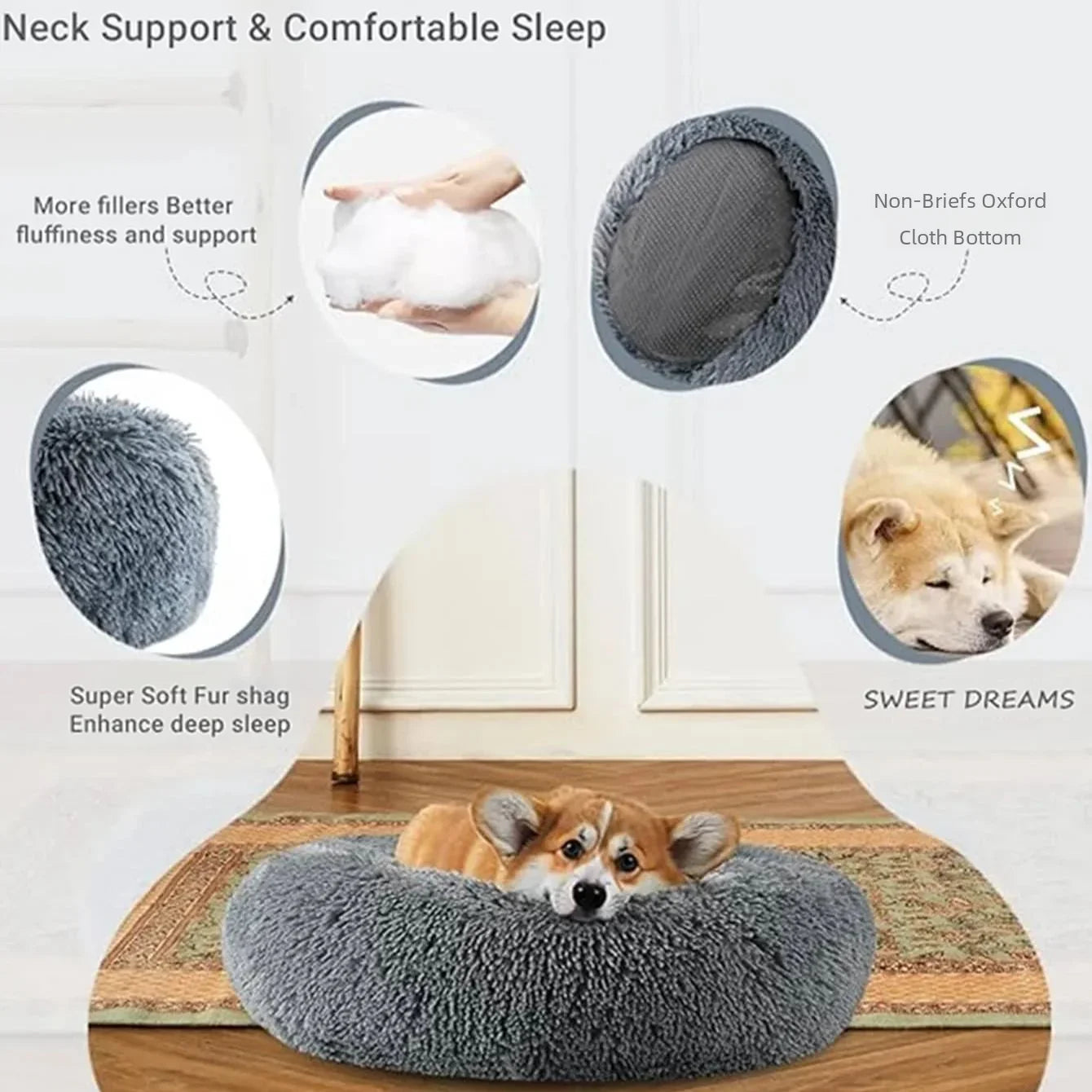 Round Plush Pet Bed - Super Soft, 6 Sizes for Dogs & Cats