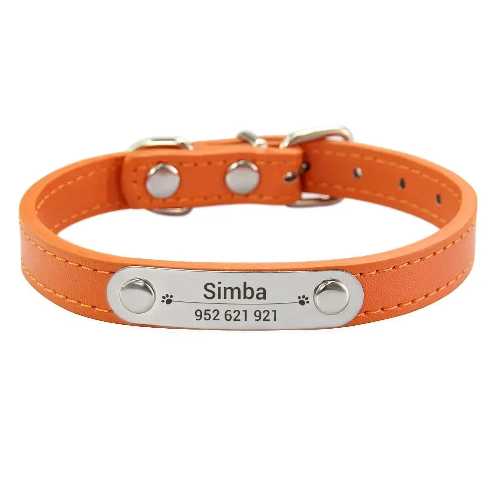 Personalised Dog Collar - Name Engraved PU Leather, Anti-Lost