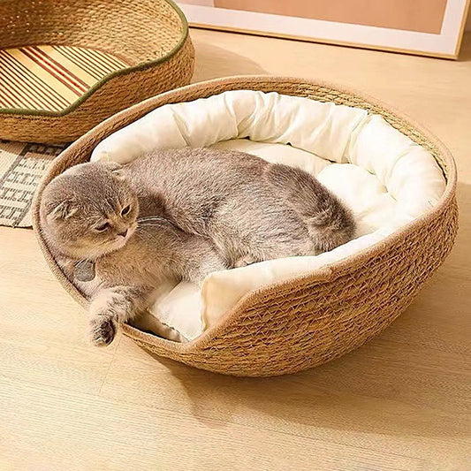 Woven Cat Nest Bed - All-Season with Soft Cushion Pillow