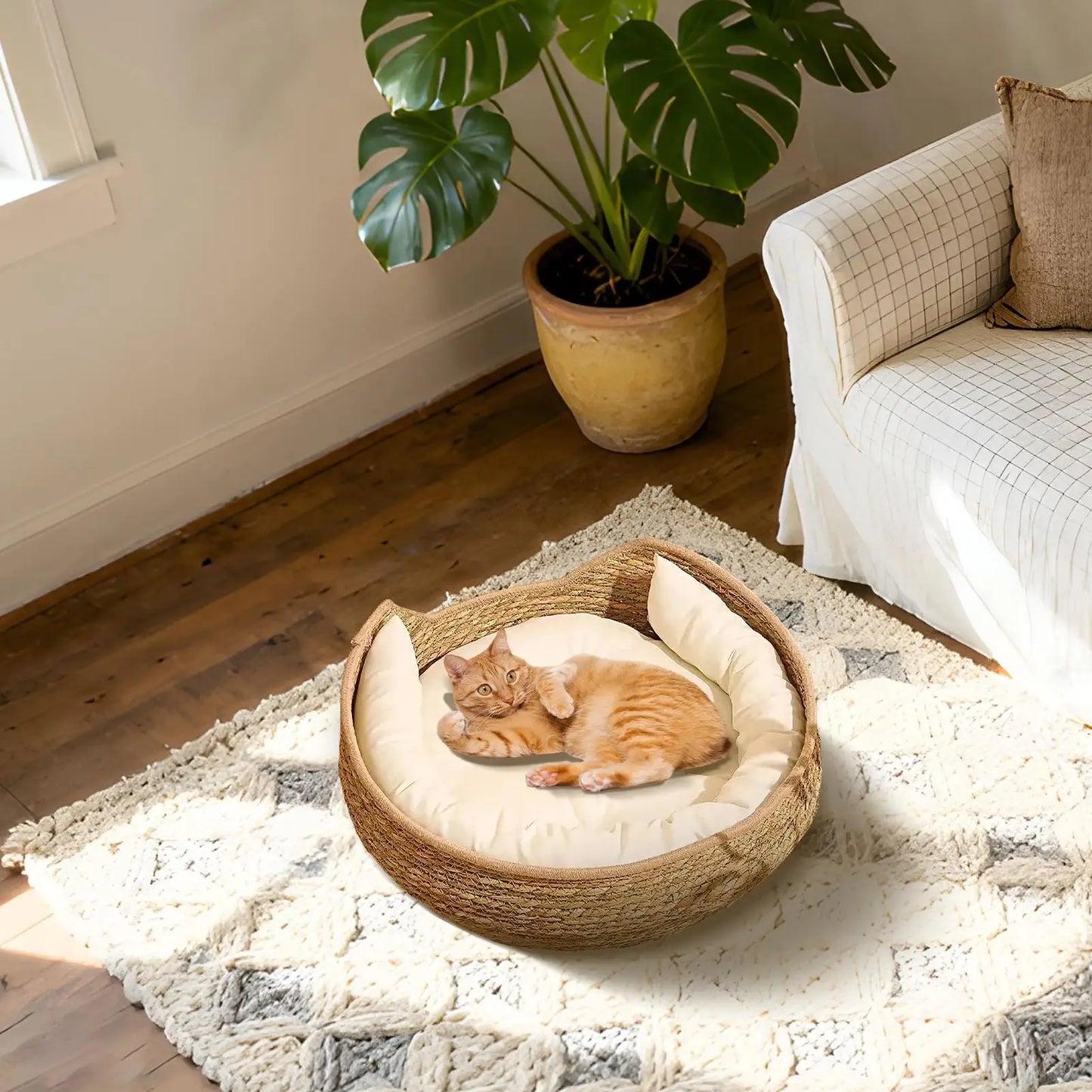 Woven Cat Nest Bed - All-Season with Soft Cushion Pillow