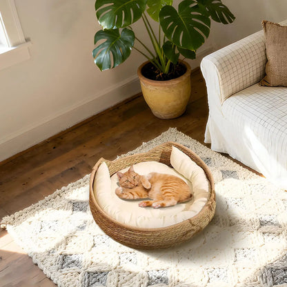 Woven Cat Nest Bed - All-Season with Soft Cushion Pillow
