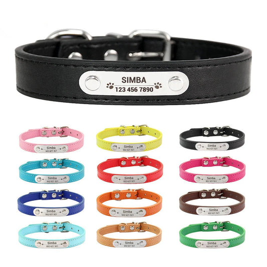 Personalised Dog Collar - Name Engraved PU Leather, Anti-Lost
