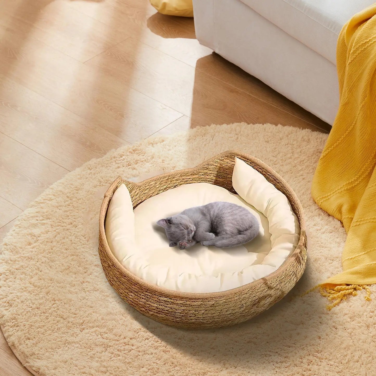 Woven Cat Nest Bed - All-Season with Soft Cushion Pillow