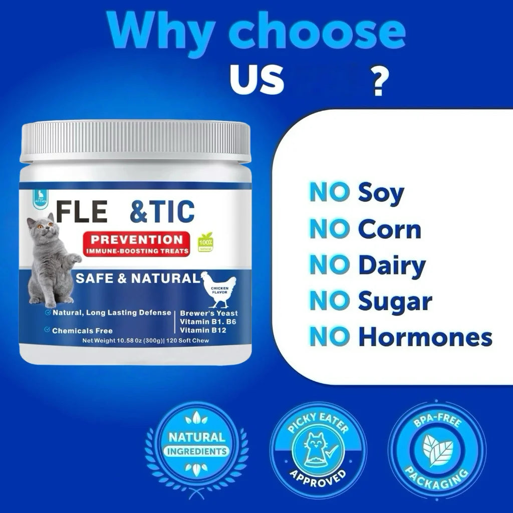Cat Flea & Tick Control Chewables – 120 Chews with Taurine for Skin & Coat Health